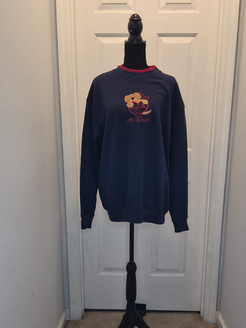 T2- Navy Sweatshirt with Teddy Bear Embroidery w/Red Neckline Trim - sz L